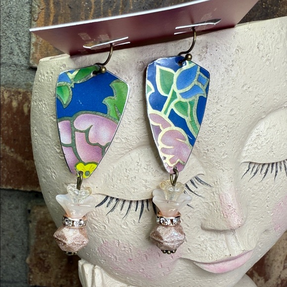 Floral vintage tin & glass Drop Earrings - Picture 1 of 7